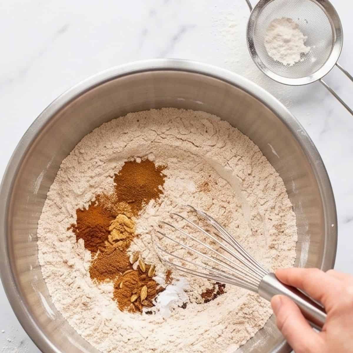 Flour and warm spices being whisked together for pumpkin bread.