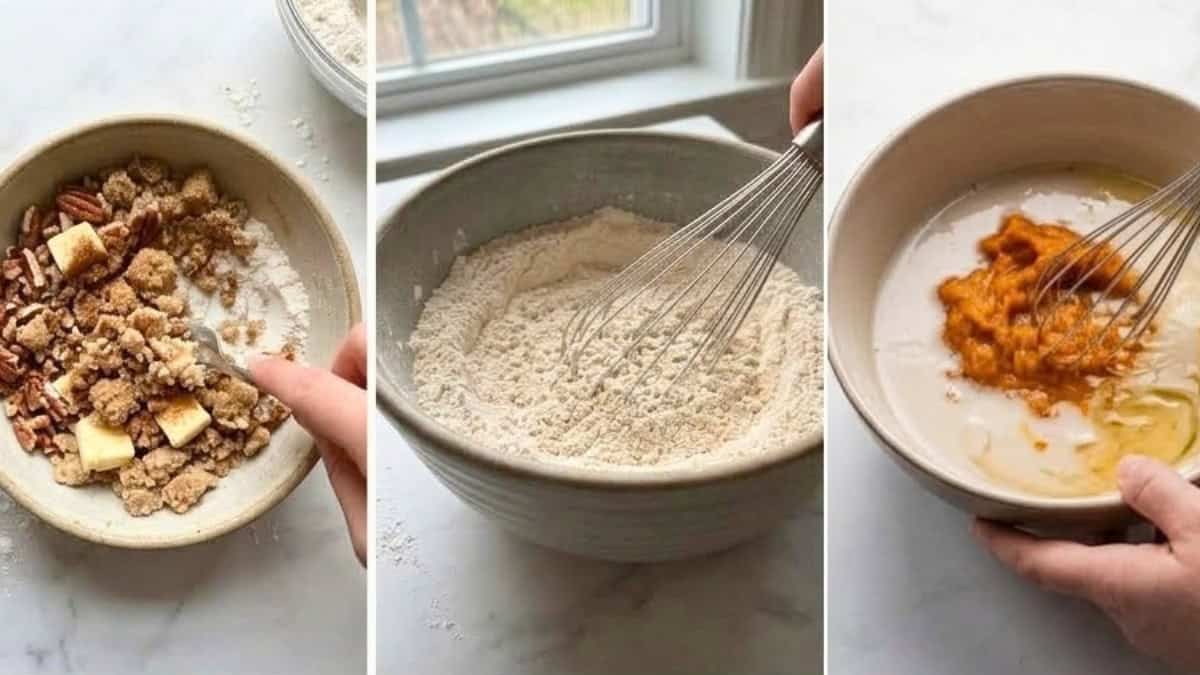 A collage of making pumpkin muffins crumble, whisking flour, and mixing wet ingredients.