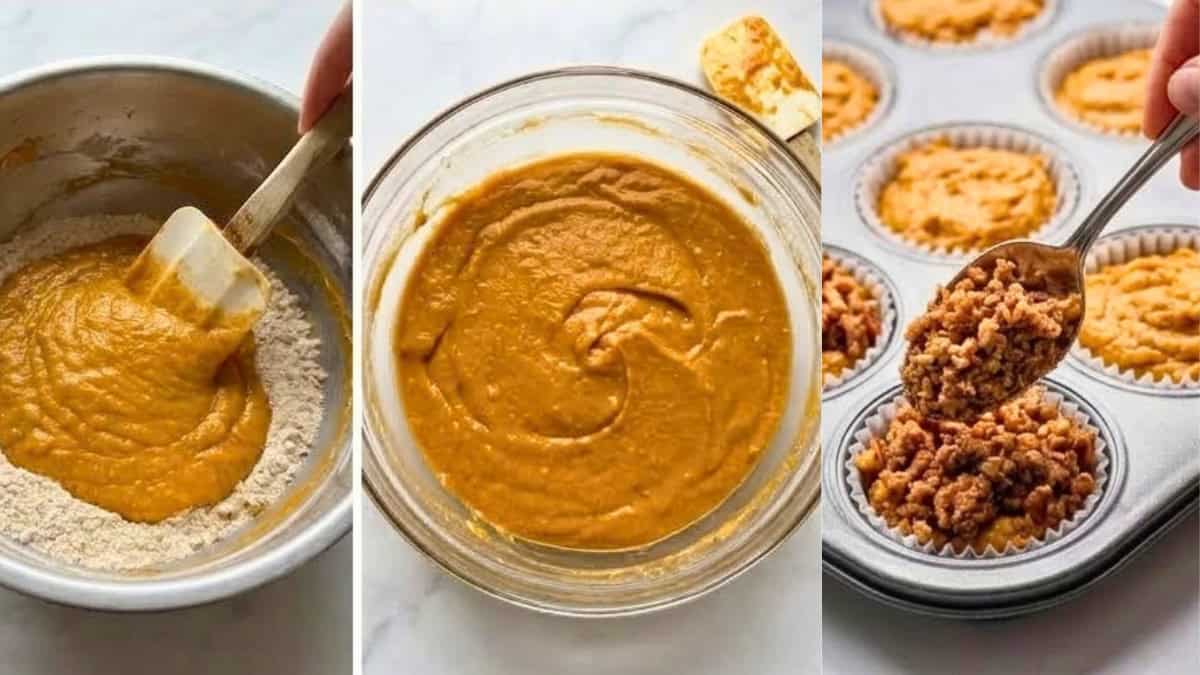 A collage of making pumpkin muffins folding in the flour, the finished batter, and adding the crumb topping before baking.